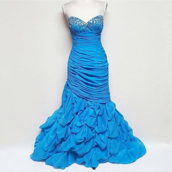 JOLI Prom Blues Ruched Sequin Beaded Bubble Hem Strapless Formal Maxi Dress 12 - Picture 5 of 16